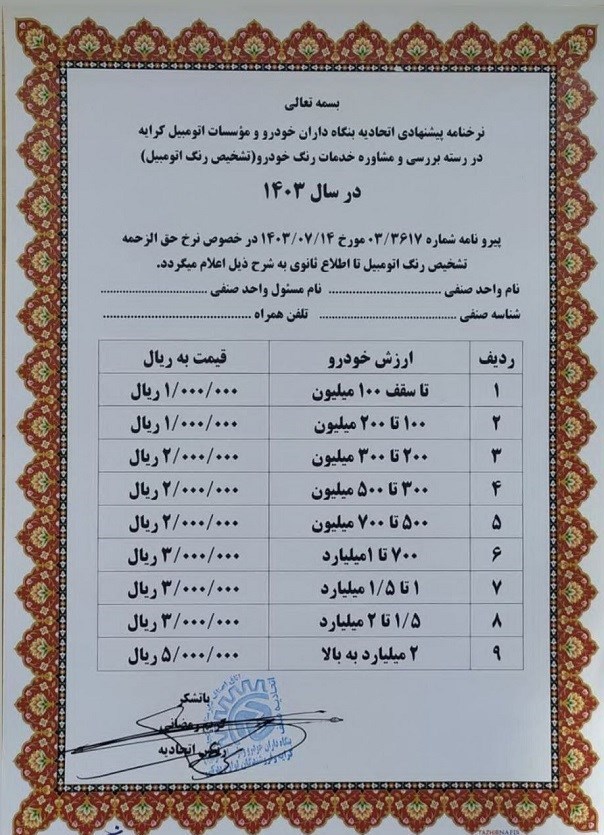 حق‌الزحمه تشخیص رنگ خودرو اعلام شد + جزئیات 2