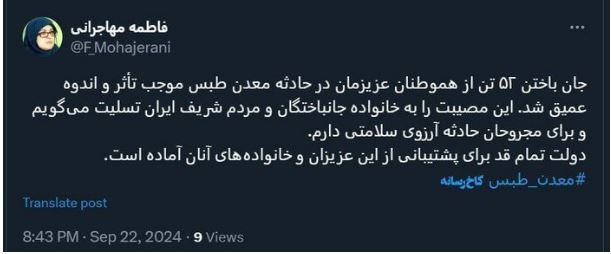 سخنگوی دولت پیام تسلیت صادر کرد / حمایت تمام قد دولت از خانواده‌های جان‌باختگان معدن طبس 2