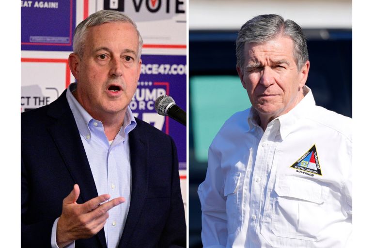 At left, Michael Whatley speaks June 18, 2024, in Newtown, and at right, North Carolina Governor Roy Cooper, on October 5, 2024, in Charlotte [AP]