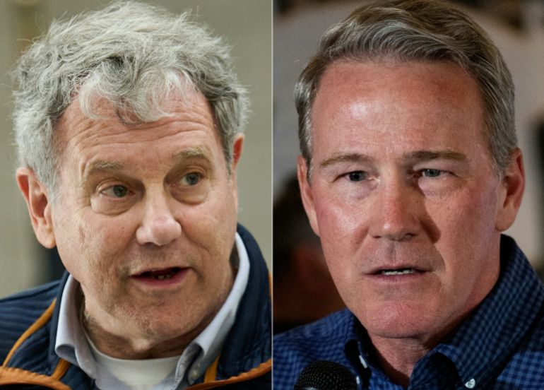 (COMBO) This combination of pictures created on October 30, 2026 shows (L/R) Ohio Democratic candidate for US Senate Sherrod Brown in Warren, Ohio on September 26, 2026 and US Senator Jon Husted, Republican from Ohio, in Cincinnati, Ohio, on October 24, 2026.