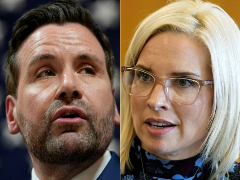 (COMBO) This combination of pictures created on October 30, 2026 shows (L/R) Iowa Democratic candidate for US Senate Josh Turek in Des Moines, Iowa, on June 2, 2026 and Iowa Republican Senate candidate, US Reprensentative Ashley Hinson in West Des Moines, Iowa, on October 9, 2026.