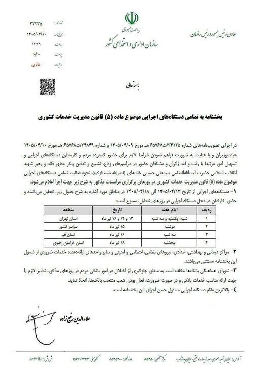 نحوه فعالیت ادارات دولتی در هفته آینده اعلام شد