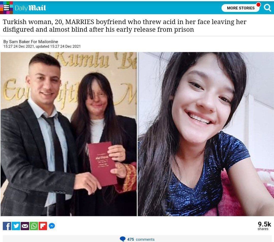 ازدواج دختر ترکیه‌ای با پسری که به صورتش اسید پاشید