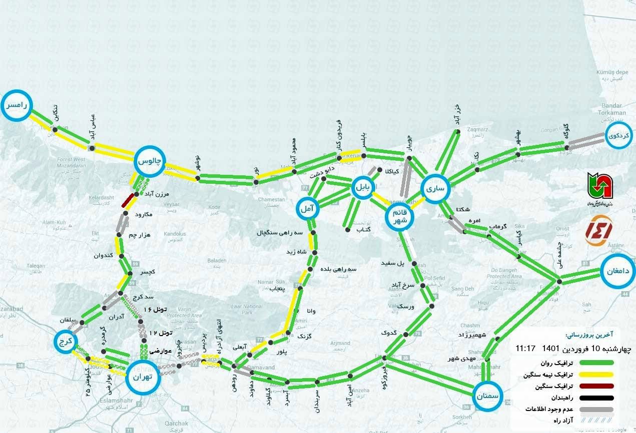 نقشه ترافیک محورهای شمالی کشور + تصویر