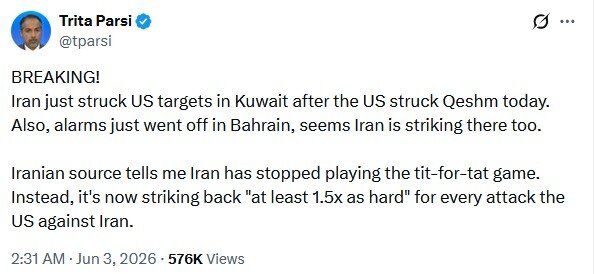 تریتا پارسی درباره حملات ایران به پایگاه‌های آمریکا: یک منبع ایرانی به من گفت که ایران دیگر بازی مقابله‌به‌مثل را کنار گذاشته و قصد دارد که...