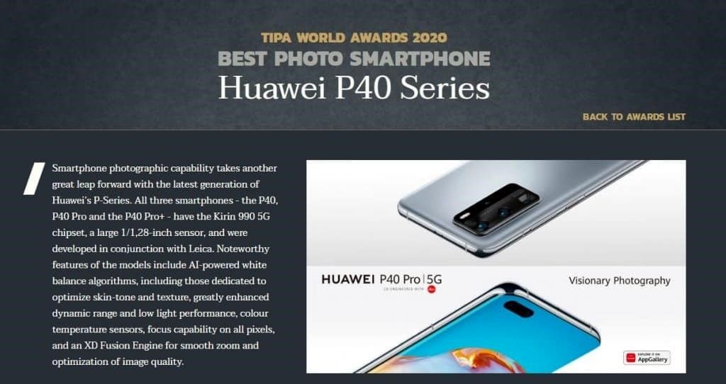 انجمن TIPA عنوان «بهترین دوربین عکاسی» را به گوشی‌های سری Huawei P۴۰ اعطا کرد