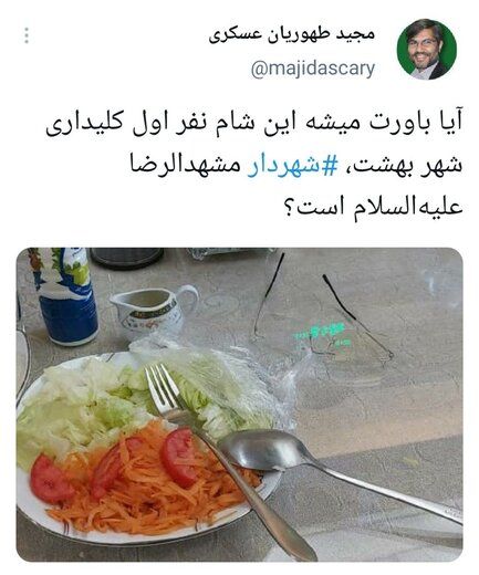 توییت جنجالی عضو شورای شهر درباره شام ساده شهردار مشهد