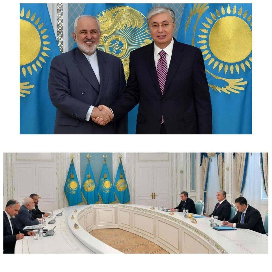 عکس دیدار بدون ماسک و فاصله اجتماعی ظریف  با رئیس جمهور قزاقستان