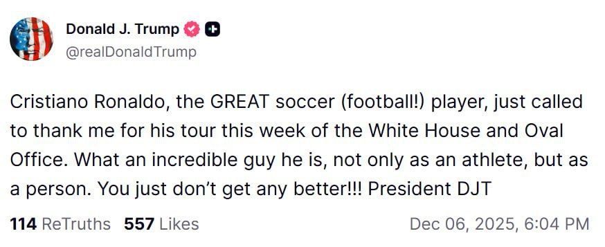 ترامپ مدعی شد رونالدو برای تشکر از او تماس گرفته است