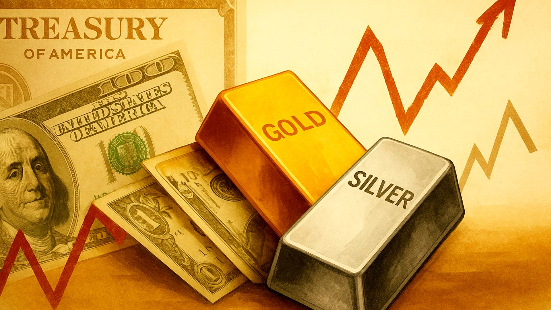 طلای جهانی به اوج شش هفته‌ای رسید | نقره رکورد زد، دلار تضعیف شد