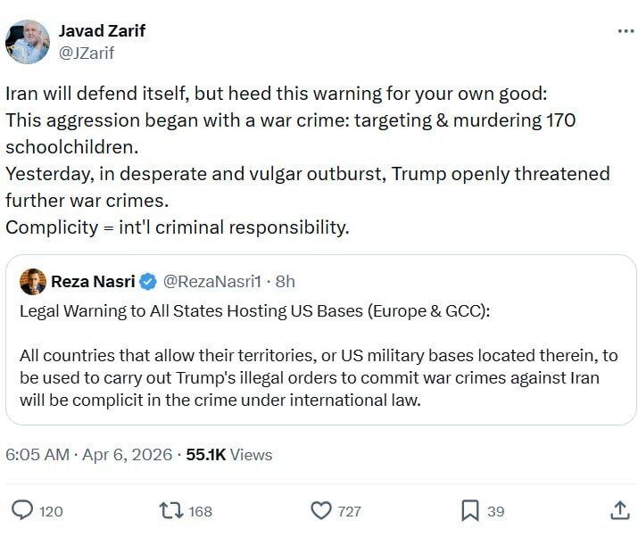 ظریف خطاب به کشورهای منطقه و اروپا : شریک جنایات جنگی ترامپ نشوید