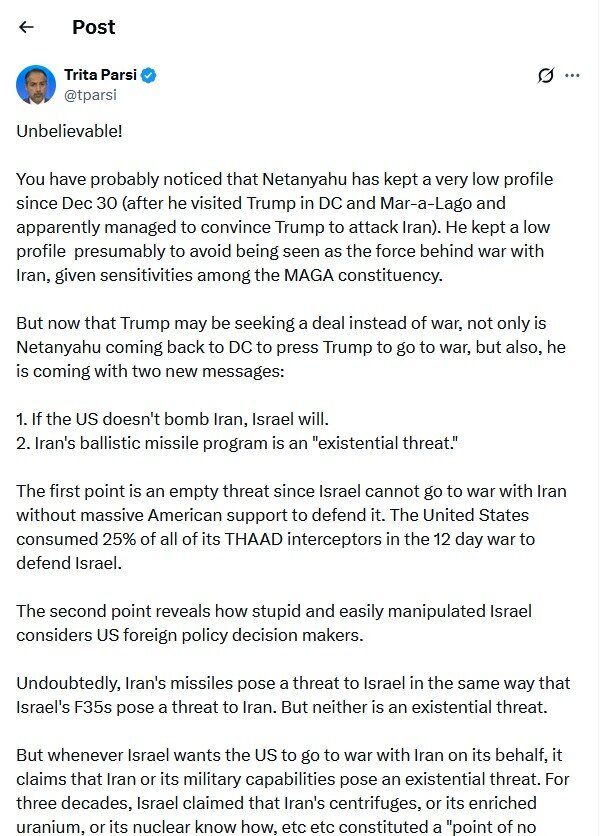 تریتا پارسی در واکنش به سفر نتانیاهو به واشنگتن: باورنکردنیه! حتی اگر ایالات متحده موشک‌های ایران را منهدم کند بازهم.....