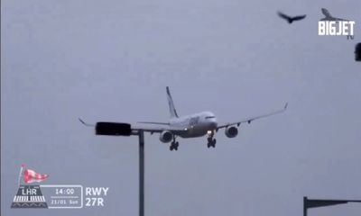 لحظه فرود پرواز «ایران ایر» در طوفان دیروز فرودگاه لندن + فیلم