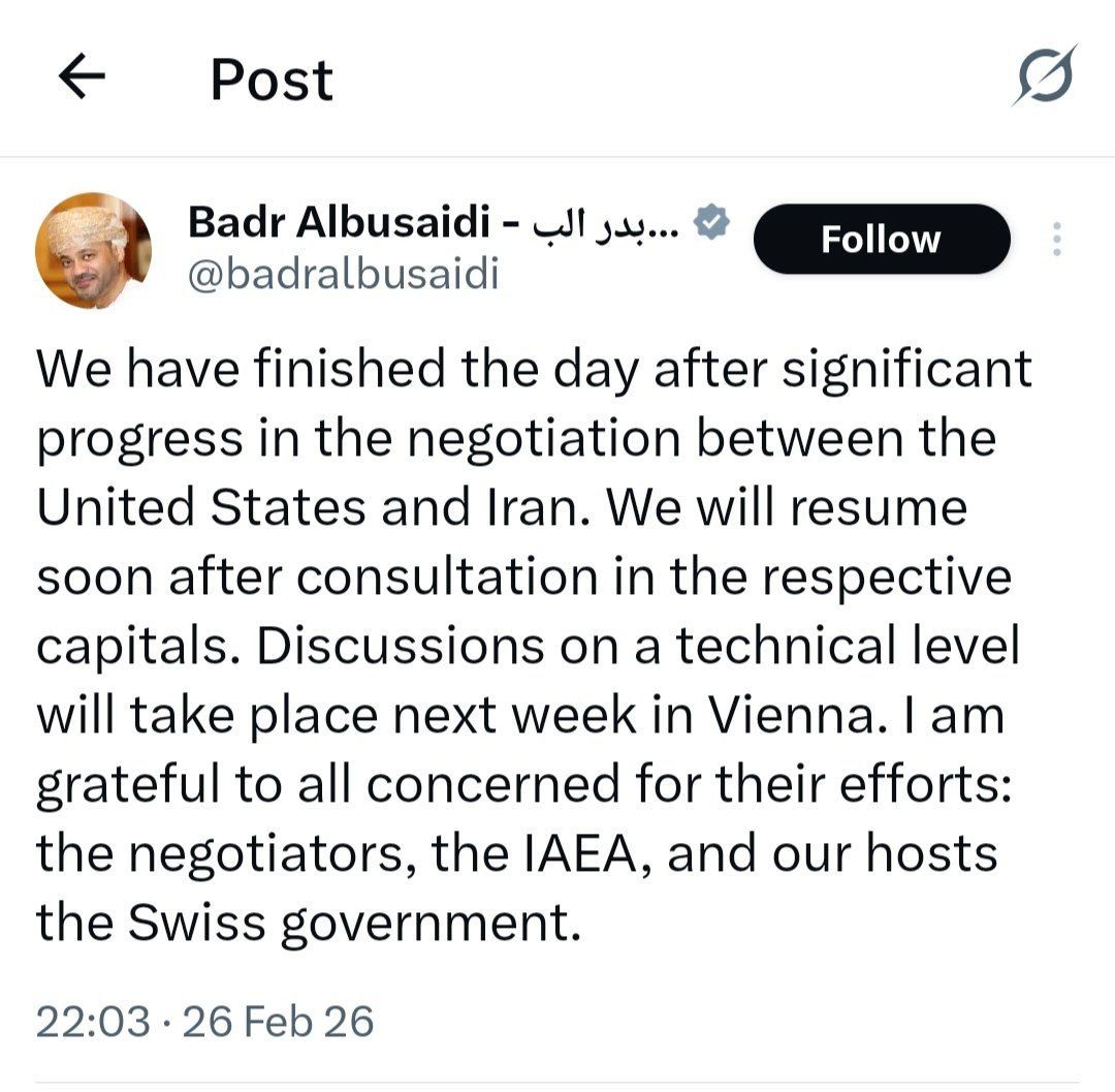 وزیر خارجه عمان: مذاکرات با پیشرفت قابل توجه پایان یافت / پیشرفت در ژنو تأیید شد / دور فنی مذاکرات هفته آینده در وین