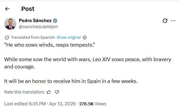 واکنش نخست‌ وزیر اسپانیا به توهین ترامپ به رهبر کاتولیک‌های جهان