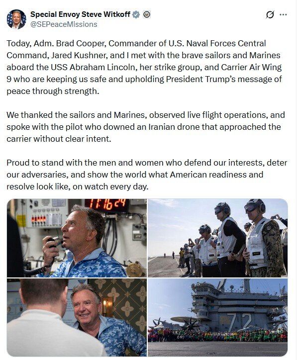 ویتکاف از ناو آبراهام لینکلن: با خلبانی که پهپاد ایران را سرنگون کرد دیدار کردم، عزم آمریکایی این‌گونه است + تصاویر