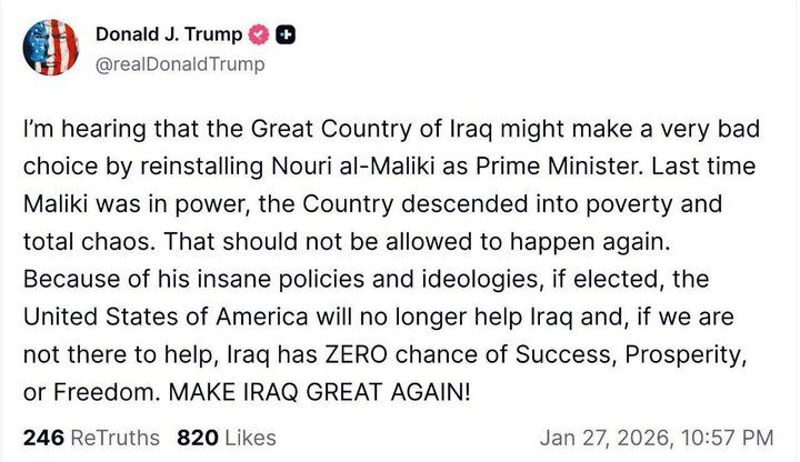 دخالت ترامپ در امور عراق؛اگر مالکی نخست‌وزیر شود کمک‌ها را قطع می‌کنیم