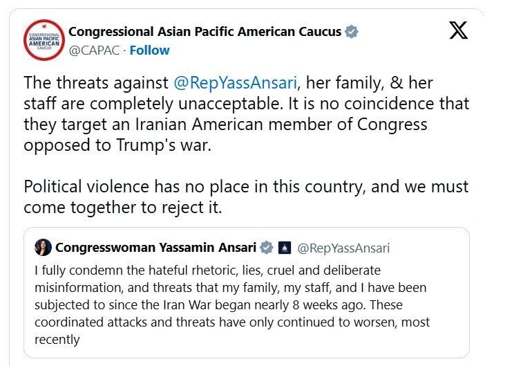 واکنش دموکرات‌ها به تهدید یاسمین انصاری/ نماینده ایرانی‌تبار: ادعای ارتباط من با جمهوری اسلامی کاملاً نادرست است