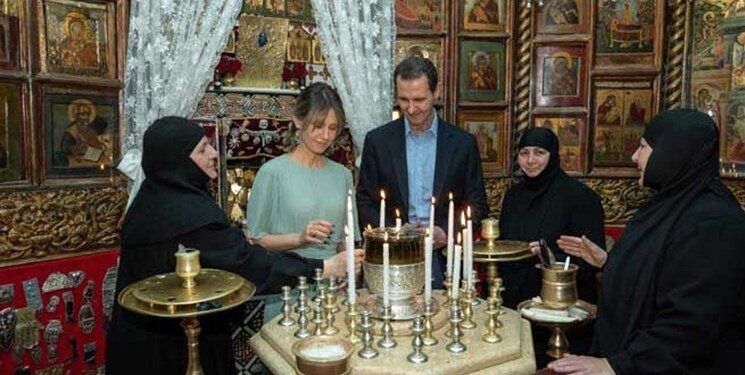  حضور متفاوت بشار اسد و همسرش در صومعه «سیده صیدنایا» در عید پاک+تصاویر